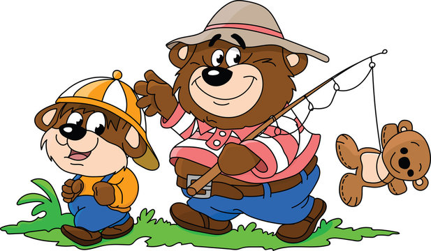 Cartoon bears, father and son, going to fishing to spend some time together vector illustration