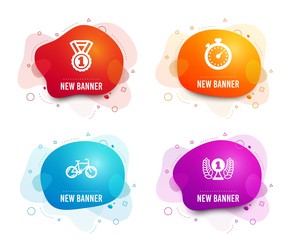 Liquid badges. Set of Bicycle, Best rank and Timer icons. Laureate award sign. Bike, Success medal, Stopwatch gadget. Prize.  Gradient bicycle icon. Flyer fluid design. Abstract shapes. Vector