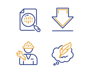Analytics chart, Downloading and Repairman icons simple set. Copyright chat sign. Report analysis, Load information, Repair service. Speech bubble. Technology set. Linear analytics chart icon. Vector
