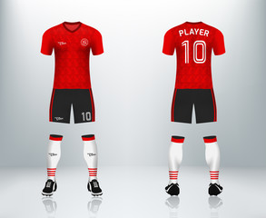 3D realistic mock up of front and back of soccer jersey shirt. Concept for soccer team uniform or football apparel mockup. Red soccer kit t-shirt template design in vector illustration.