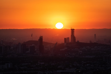 sunset over city