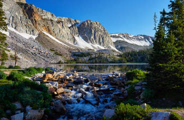 View of Lake Marie and the Medicine Bow mountains (a.k.a., the Snowy Range), located along the Snowy Range Scenic Byway in Wyoming