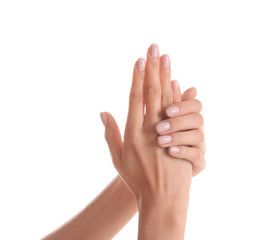 Woman with beautiful hands on white background, closeup. Spa treatment