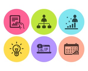 Stats, Idea and Document icons simple set. Management, Online documentation and Calendar graph signs. Business analysis, Light bulb. Science set. Flat stats icon. Circle button. Vector