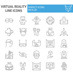 Virtual reality thin line icon set, augmented reality symbols collection, vector sketches, logo illustrations, game simulation signs linear pictograms package isolated on white background.