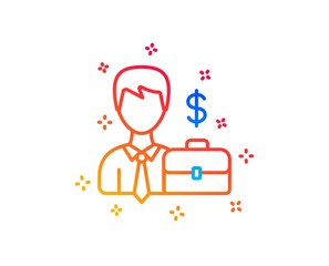 Businessman with Case line icon. Diplomat with Dollar sign. Gradient design elements. Linear businessman case icon. Random shapes. Vector