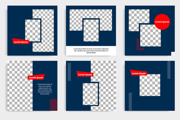 Editable modern minimal square banner templates. Blue indigo, red, black and white background color with stripe line shape. Suitable for social media post and web/internet ads with photo college