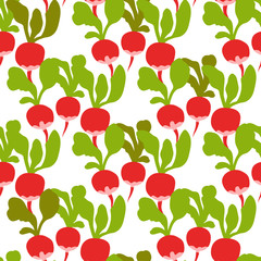 Fresh radish seamless pattern on white background. Vector illustration in flat style