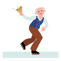 happy senior man roller skating with a bunch of flowers isolated on white background
