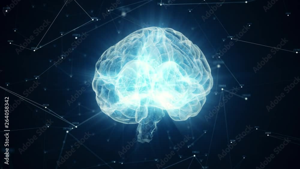 Poster the human brain rotates formed of luminous particles. plexus structure revolving around. seamless lo