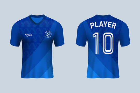 3D realistic mock up of front and back of blue soccer jersey t-shirt . Concept for football team uniform or apparel mockup template in design vector illustration