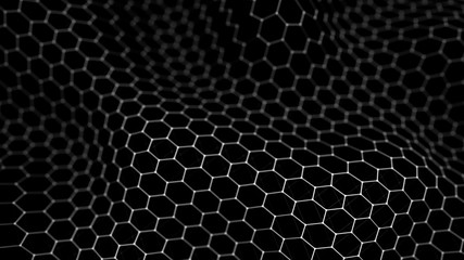 Futuristic black hexagon background. Futuristic honeycomb concept. Wave of particles. 3D rendering.