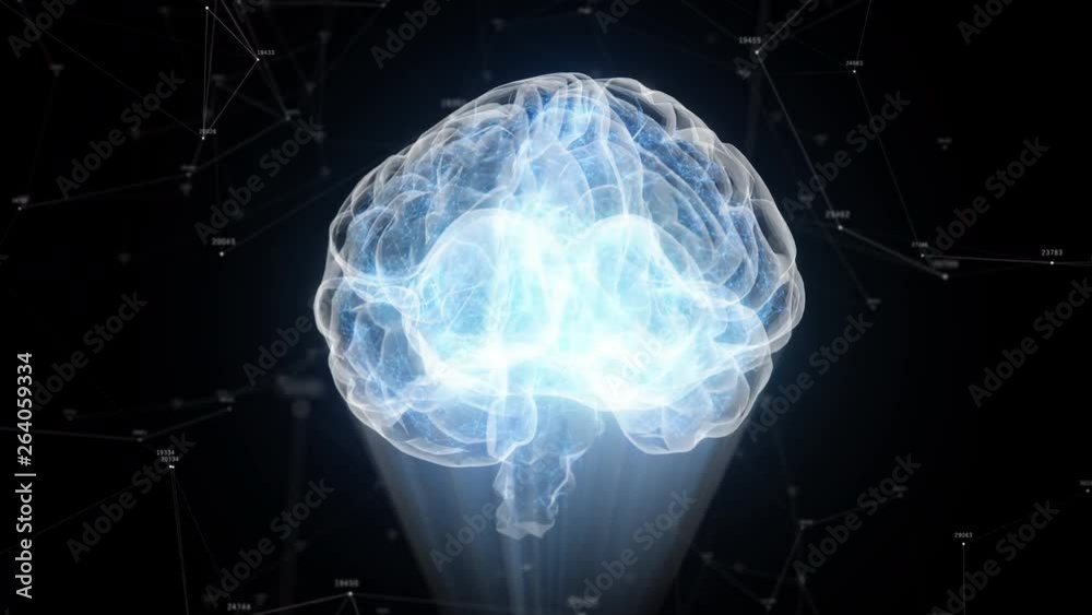 Poster the human brain rotates formed of luminous particles. plexus structure revolving around. seamless lo