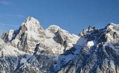 Fototapeta na wymiar Cold winter morning at ski resort Ladurns, Italy