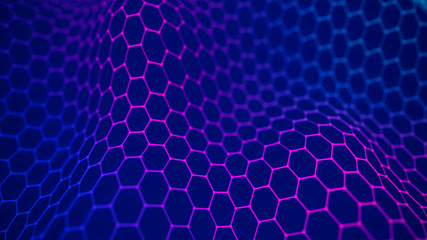 Futuristic blue hexagon background. Futuristic honeycomb concept. Wave of particles. 3D rendering.