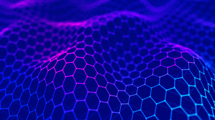 Futuristic blue hexagon background. Futuristic honeycomb concept. Wave of particles. 3D rendering.