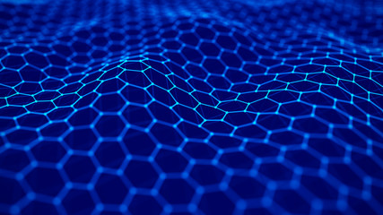 Futuristic blue hexagon background. Futuristic honeycomb concept. Wave of particles. 3D rendering.