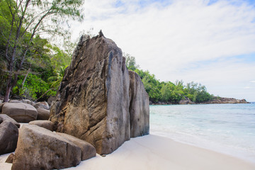 Seychelles beach coast with rock, no people.