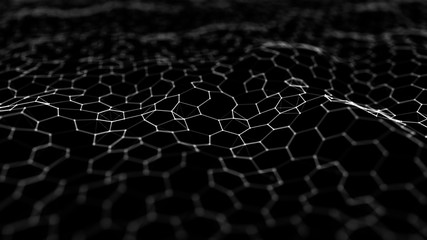Futuristic black hexagon background. Futuristic honeycomb concept. Wave of particles. 3D rendering.