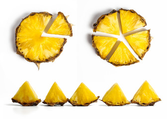 Slice of juicy pineapple in shape of circle pie chart graph. Sector segments. Business parts concept. Isolated white backrgound. Collection.