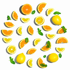 Collection of oranges and lemons overhead view flat lay