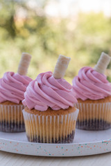 Pink cupcake on plate on blurred background