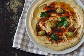 Fresh homemade hummus. Vegan theme. Middle Eastern cuisine.