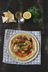 Fresh homemade hummus. Vegan theme. Middle Eastern cuisine.