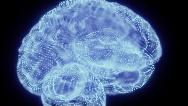 Rotating hologram of human brain, human brain formed from luminous glowing light particles spinning 360 degree, seamless loop 4k animation
