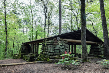 Fototapeta na wymiar Moss covered stone shelter in the woods