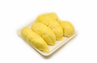 Durian peeled / Tropical fruit of fresh durian on tray on white background