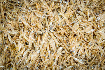 Dried small fish for fried crispy texture background  food in asian
