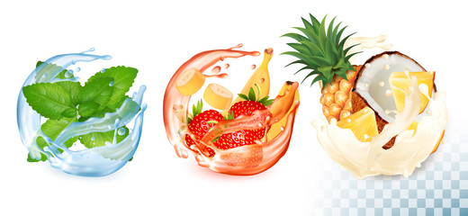 Collection of fruit in a water and juice splash. Mint, strawberry, banana, pineapple, coconut. Vector Set