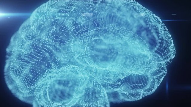 Rotating hologram of human brain, human brain formed from luminous glowing light particles spinning 360 degree, seamless loop 4k animation
