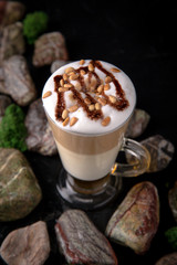 Mocha white coffee with milk, chocolate, syrup, slices, liqueur, pine nuts. Coffee card. Espresso based drinks.