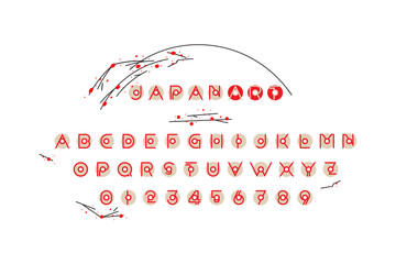 Fototapeta premium Original Japanese font with sakura. Latin alphabet with a set of numbers for Creative Design template. Flat illustration EPS10