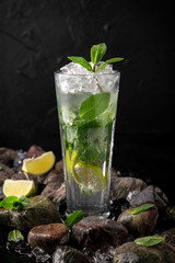 Lemonade from lime. Summer soft drink based on citruses, berries, sugar syrup, mint and ice. Cocktail card for a bar or restaurant.