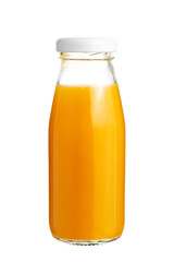 Orange juice in glass bottle isolated on white background.