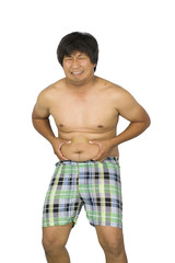 fat man touching his stomach, Fat man with a big belly isolated on white background