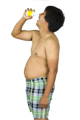 fat guy holding a yellow jar of pills on white isolated background in studio