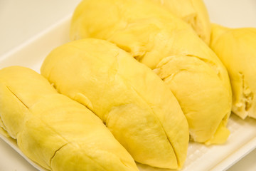 Durian peeled / Tropical fruit of fresh durian on tray background