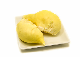 Durian peeled / Tropical fruit of fresh durian on tray background