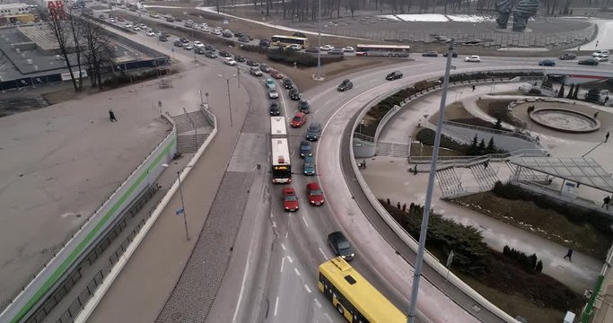 Drone footage of Ziętek roundabout in the center of Katowice.