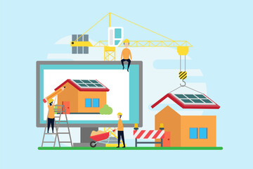 construction creative illustration vector of home graphic , small people in construction illustration vector , home architecture , home concept vector