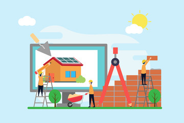 Naklejka premium construction creative illustration vector of home graphic , small people in construction illustration vector , home architecture , home concept vector