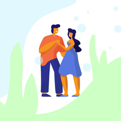 Happy couple hugging gently. Lovers vector style modern image. Girlfriend and boyfriend