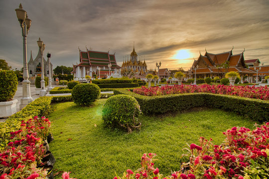 landscape of loha prasat temple in Bangkok with the sundown as a longtime exposure 