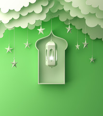 Arabic lantern, hanging cloud, star, window on green pastel background copy space text. Design creative concept for islamic celebration day ramadan kareem or eid al fitr adha. 3d render.