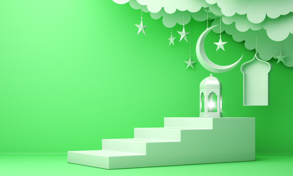 Arabic lantern, cloud, crescent moon star, steps and window on green pastel  background. Design creative concept for islamic celebration day ramadan  kareem or eid al fitr adha. 3d render. Stock Illustration |