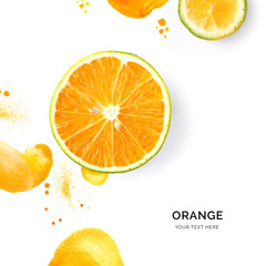 Creative layout made of orange on the watercolor background. Flat lay. Food concept.